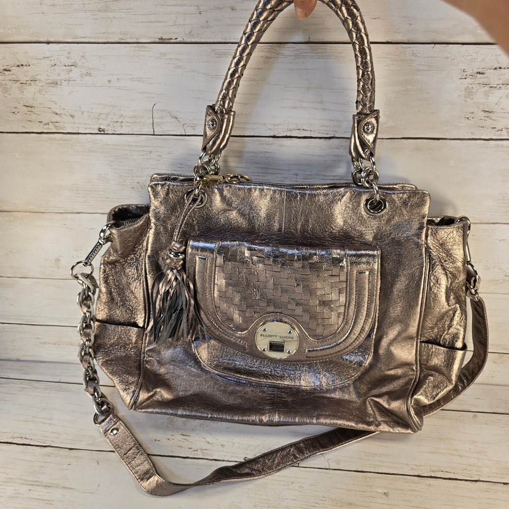 Elliott Lucca Metallic Bronze Leather Woven Shoulder Bag Crossbody Handbag